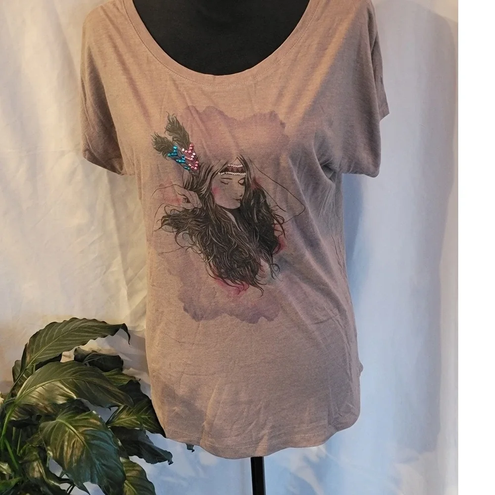 Our SocieTee Womens Boho‎ Graphic T-Shirt Sequin Feather Detail Taupe Size M